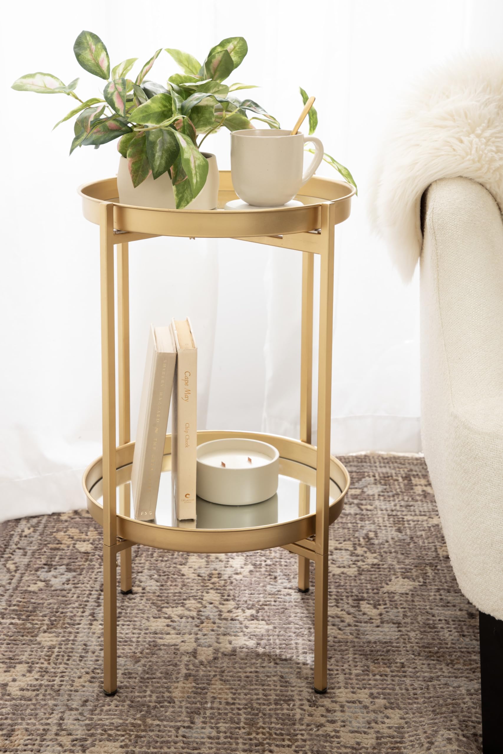 Kate and Laurel Celia Transitional Round Accent Tray Table with Magnetic Removable Tops and Foldable Base, 16x16x25, Gold