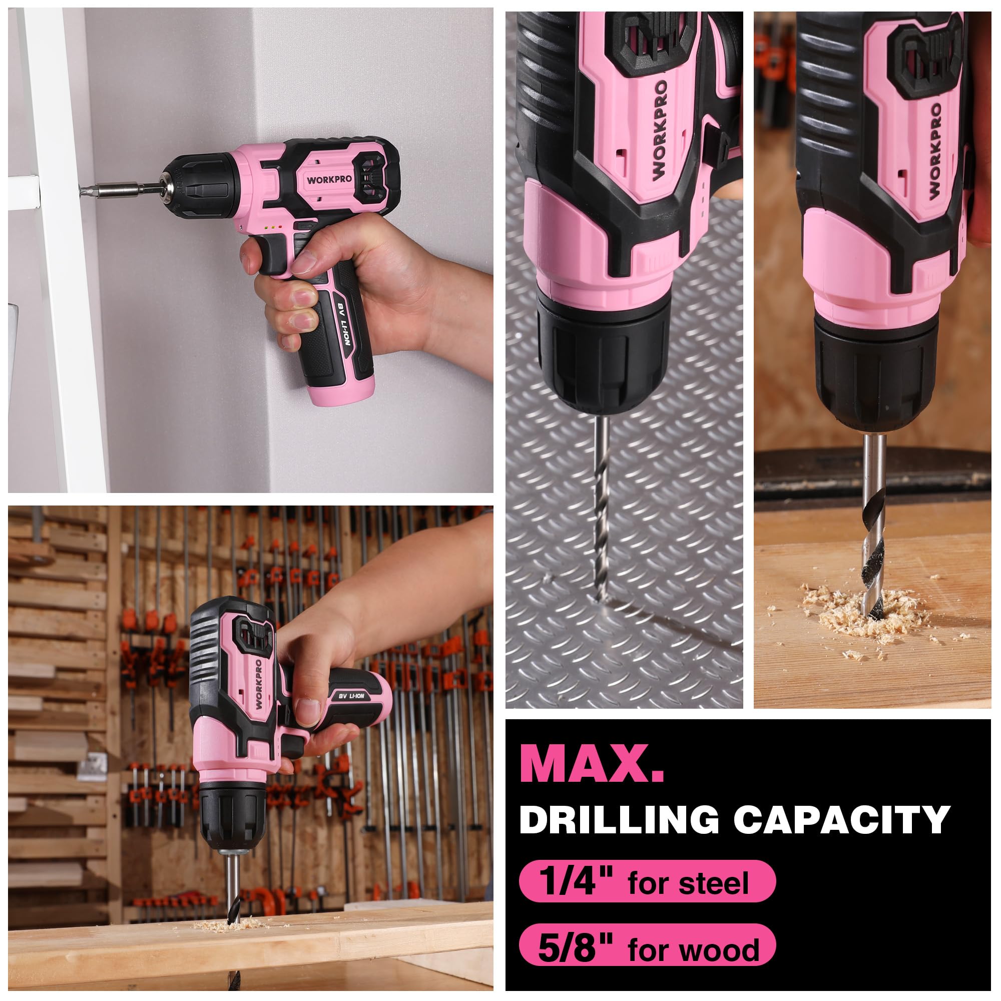 WORKPRO Pink Power Drill Set, 8V Cordless Drill Driver Set with 53pcs Bit Set, 2.0Ah Electric Cordless Drill Kit with 3/8" Keyless Chuck and Variable Speed Trigger, Portable Drill for DIY- Pink Ribbon