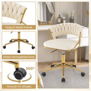 COSTWAY Velvet Office Desk Chair, Upholstered Makeup Vanity Chair w/Woven Back & Gold Base, Height Adjustable Swivel Computer Task Chair, Home Office Chair w/Wheels for Bedroom Study (Beige)