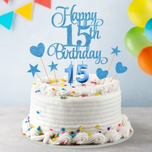 Lecferrarc 15th Birthday Cake Decorations, 15th Birthday Candles Cake Numeral Candles and Glitter Happy 15th Birthday Cake Toppers Set for Birthday Party Supplies (Blue)