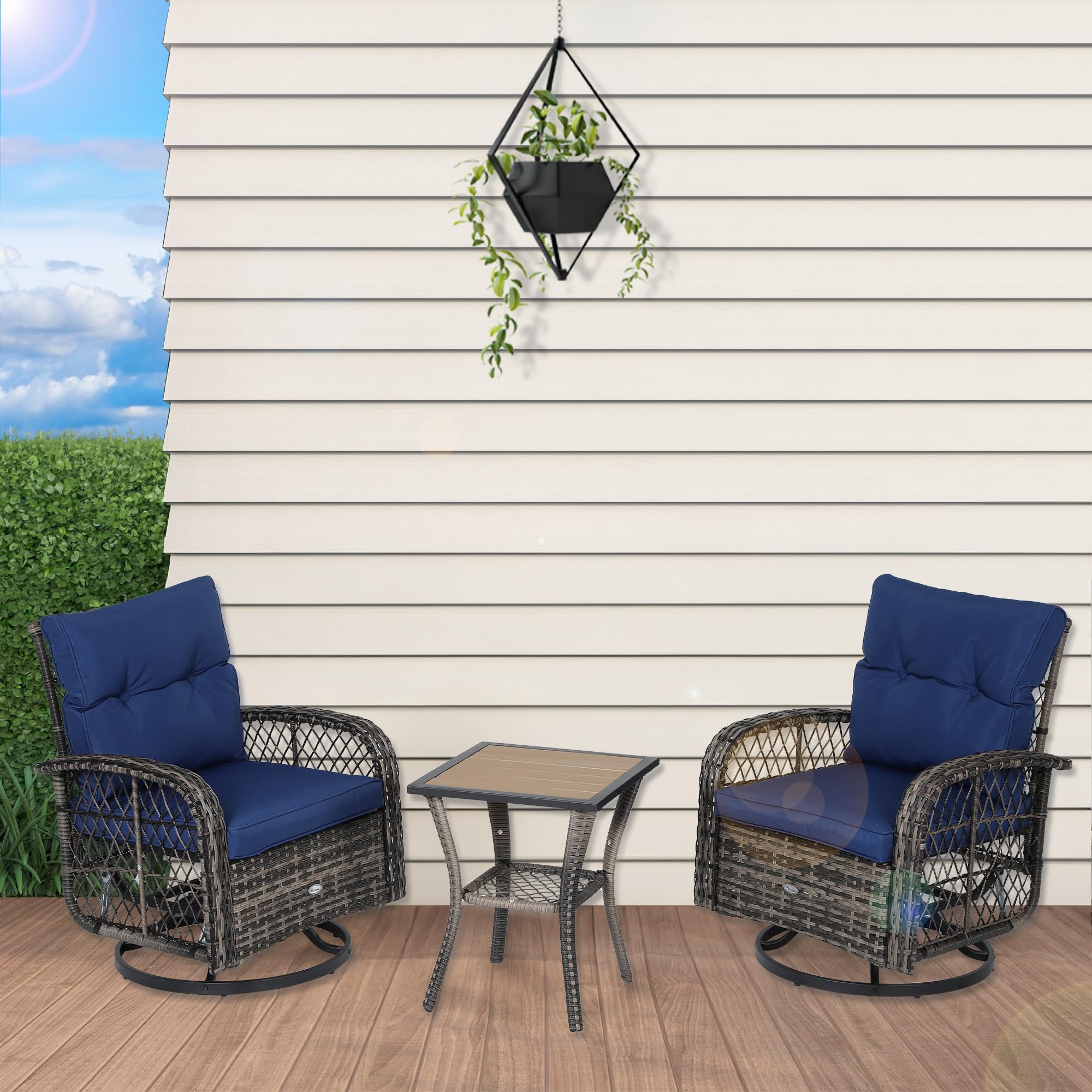 YITAHOME 3-Piece Patio Outdoor Swivel Glider Rocker Wicker Bistro Rocking Furniture Conversation Chairs for Garden, Backyard and Balcony (Navy Blue)