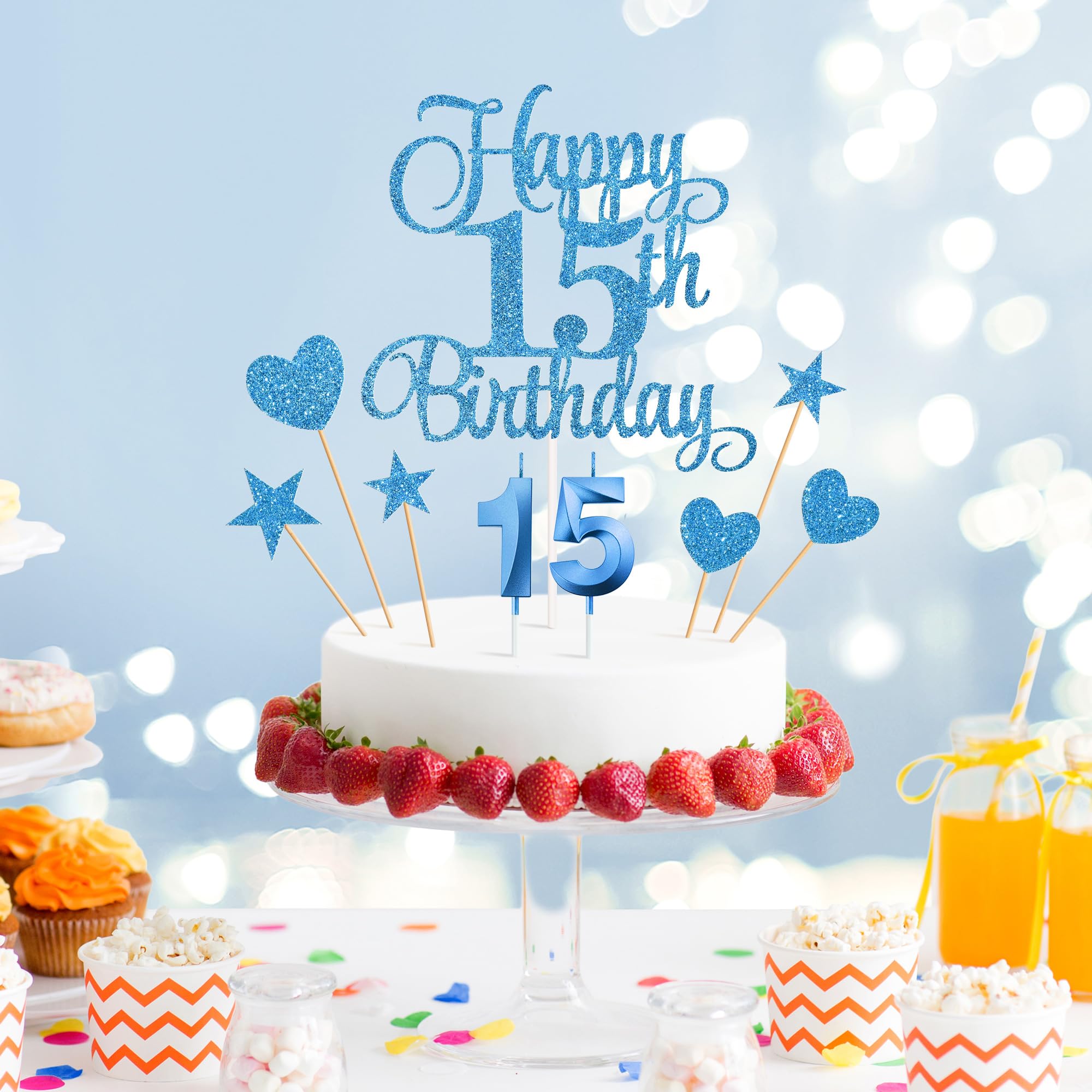 Lecferrarc 15th Birthday Cake Decorations, 15th Birthday Candles Cake Numeral Candles and Glitter Happy 15th Birthday Cake Toppers Set for Birthday Party Supplies (Blue)