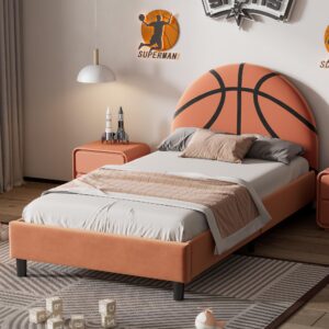 SOFTSEA Twin Size Bed Frame for Kids, Twin Size Sport Style Bed Frame for Boys, Basketball Shaped Bed Wood Platform Bed Frame, Upholstered Twin Bed Frames for Kids, No Box Spring Needed, Orange