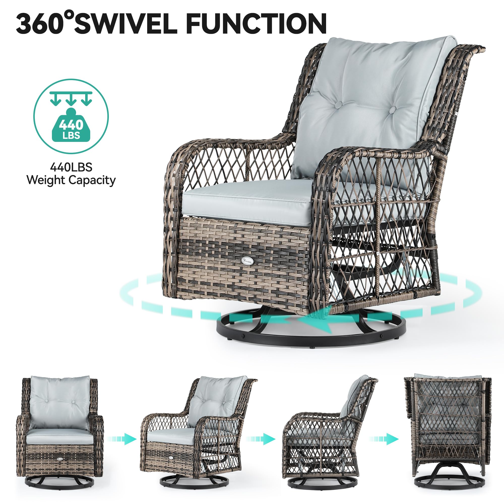 YITAHOME 3-Piece Patio Outdoor Swivel Glider Rocker Wicker Bistro Rocking Furniture Conversation Chairs for Garden, Backyard and Balcony (Gray)