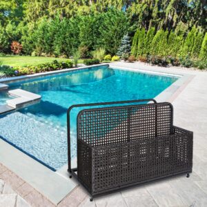 IDEALHOUSE Poolside Float Storage, Outdoor Storage, Patio Poolside Float Storage Basket, Storage Box, PE Rattan Outdoor Pool Caddy with Rolling Wheels for Floaties, Beach-Sturdy & Movable,Black-brown