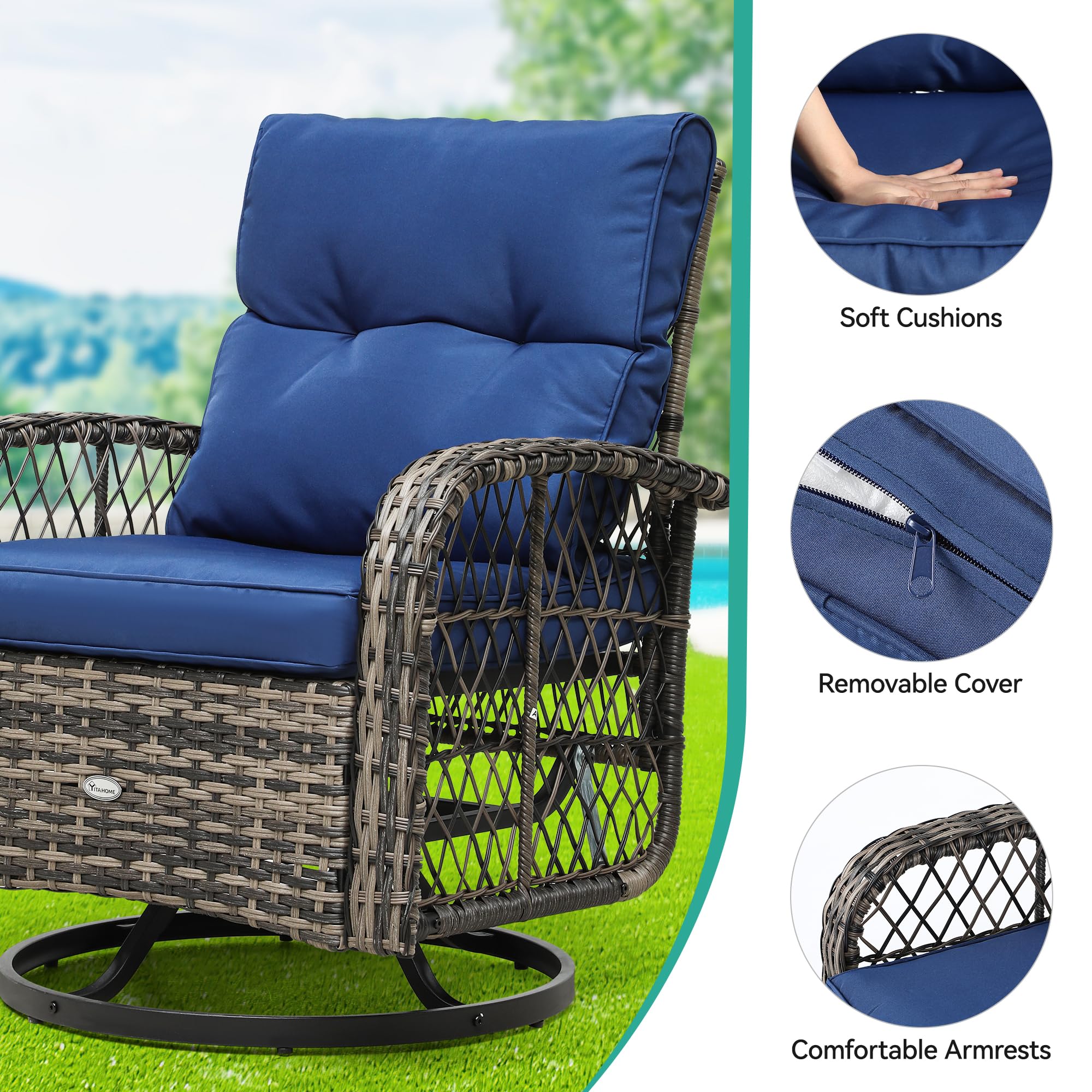 YITAHOME 3-Piece Patio Outdoor Swivel Glider Rocker Wicker Bistro Rocking Furniture Conversation Chairs for Garden, Backyard and Balcony (Navy Blue)