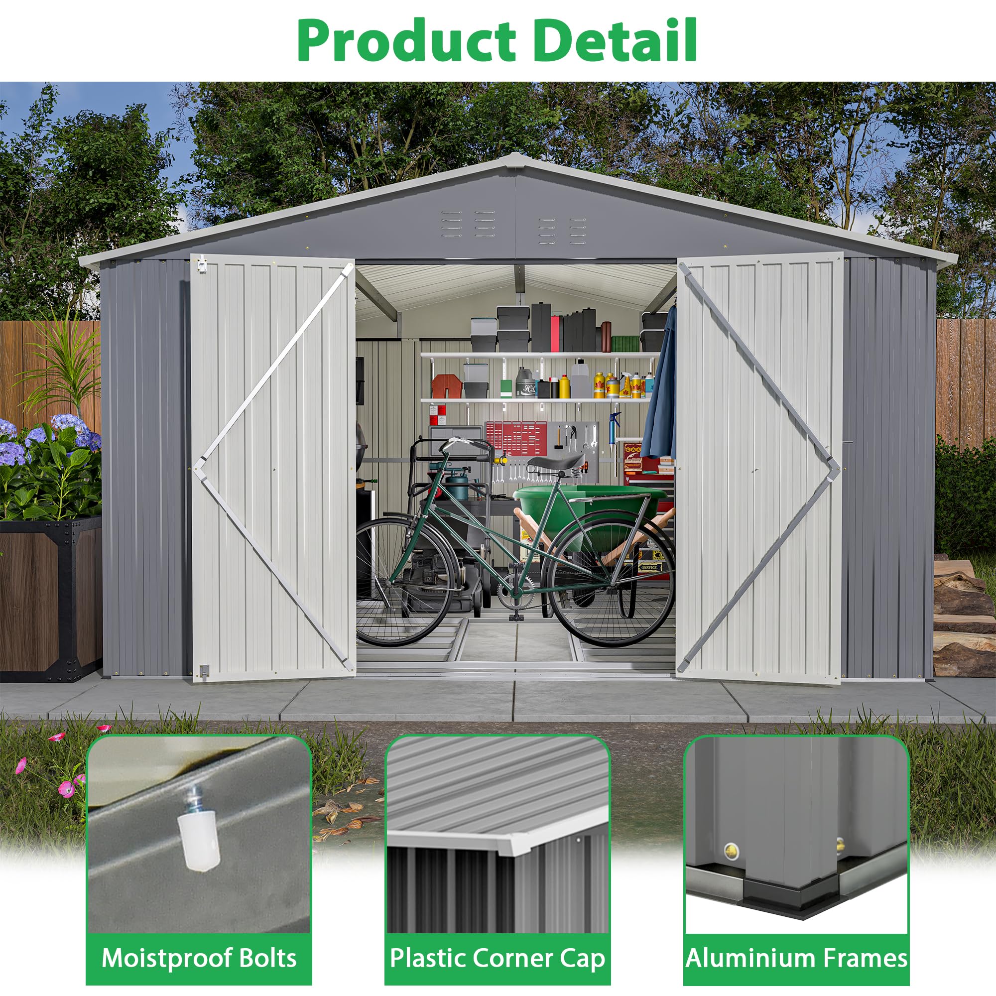 Large Outdoor Storage Shed, 11' X 13' Metal Galvanized Steel Garden Shed with 4 Vents, Utility Tool Shed Storage House for Backyard, Patio, Lawn