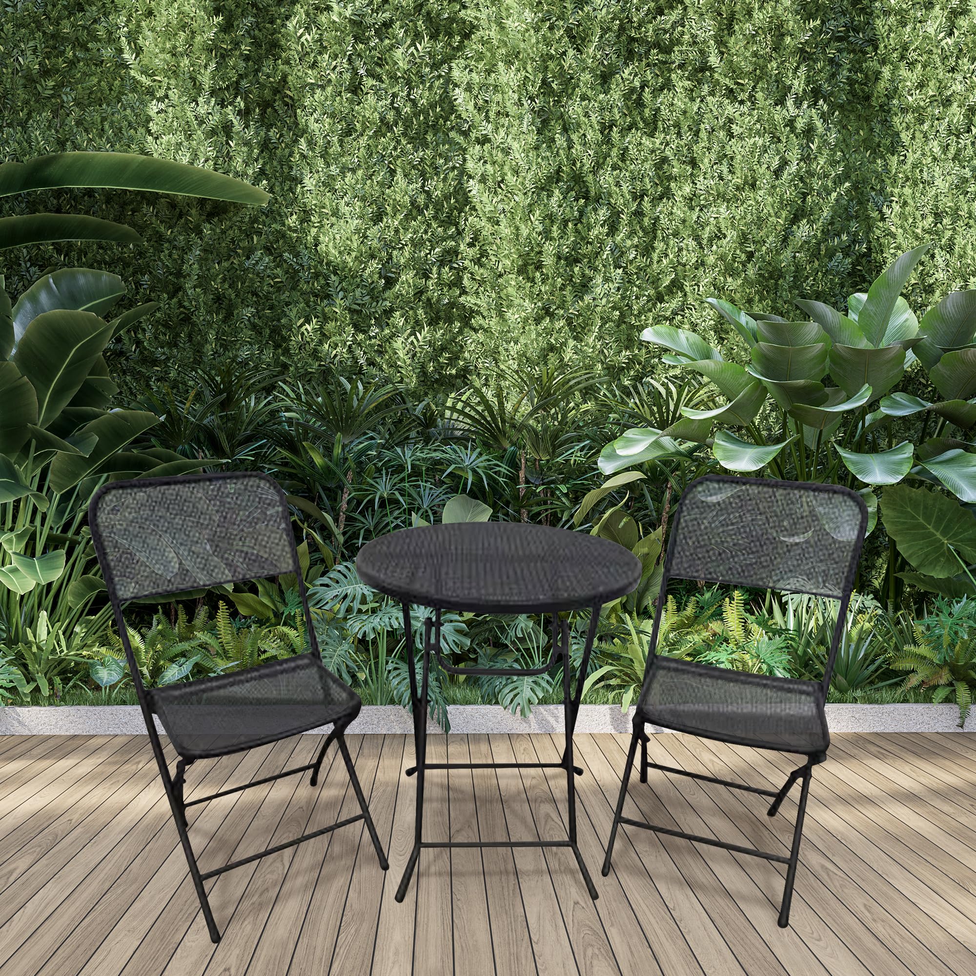 Four Seasons Courtyard Padova 3 Piece Bistro Outdoor Backyard Dining Set with 2 Folding Chairs and Round Table Furniture for Patios or Decks, Black