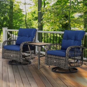 yitahome 3-piece patio outdoor swivel glider rocker wicker bistro rocking furniture conversation chairs for garden, backyard and balcony (navy blue)