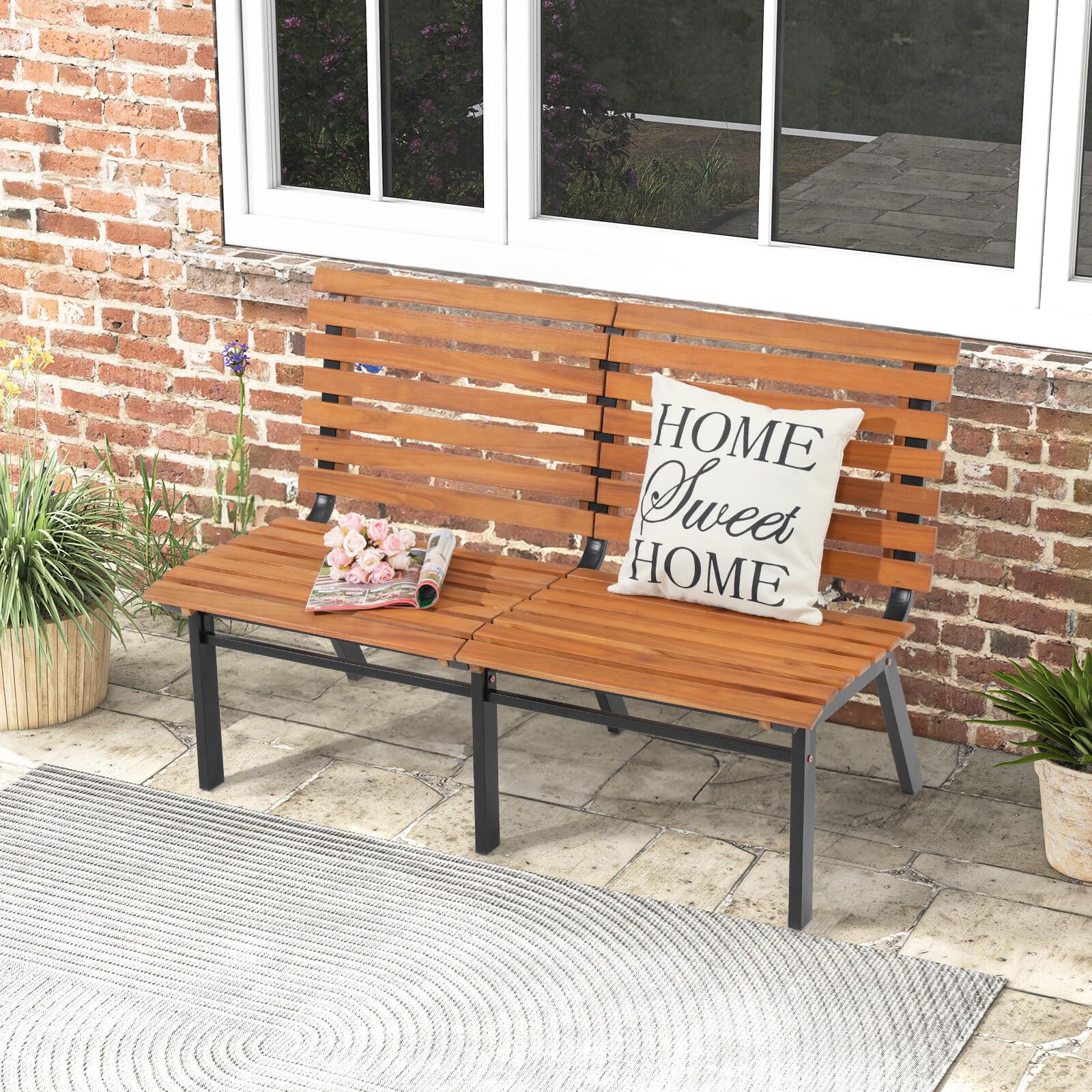 Verano Garden 54 Inches Outdoor Acacia Wood Bench, Oil Finished Armless Garden Bench with Slatted Seat & Steel Frame for Garden, Park, Porch, Yard, Deck (54.1" L×22.6" W×34.3" H)