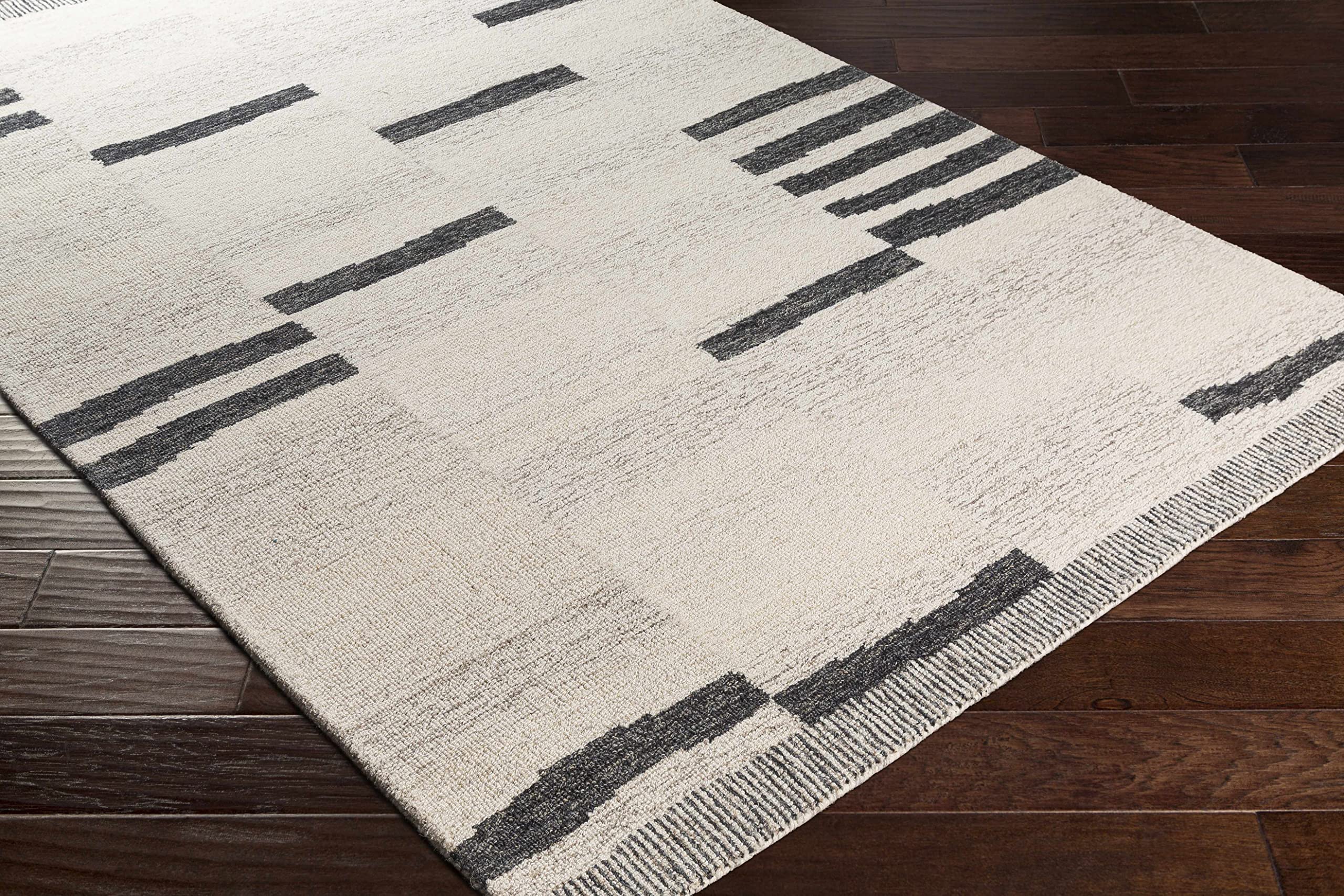 BoutiqueRugs Aibonito Hand Tufted Wool Natural Fiber Soft Large Area Rug - Modern Broken Stripe Carpet for Living Room, Bedroom, Dining Room - Black, Beige, Taupe - 8' x 10' (8x10 Area Rug)