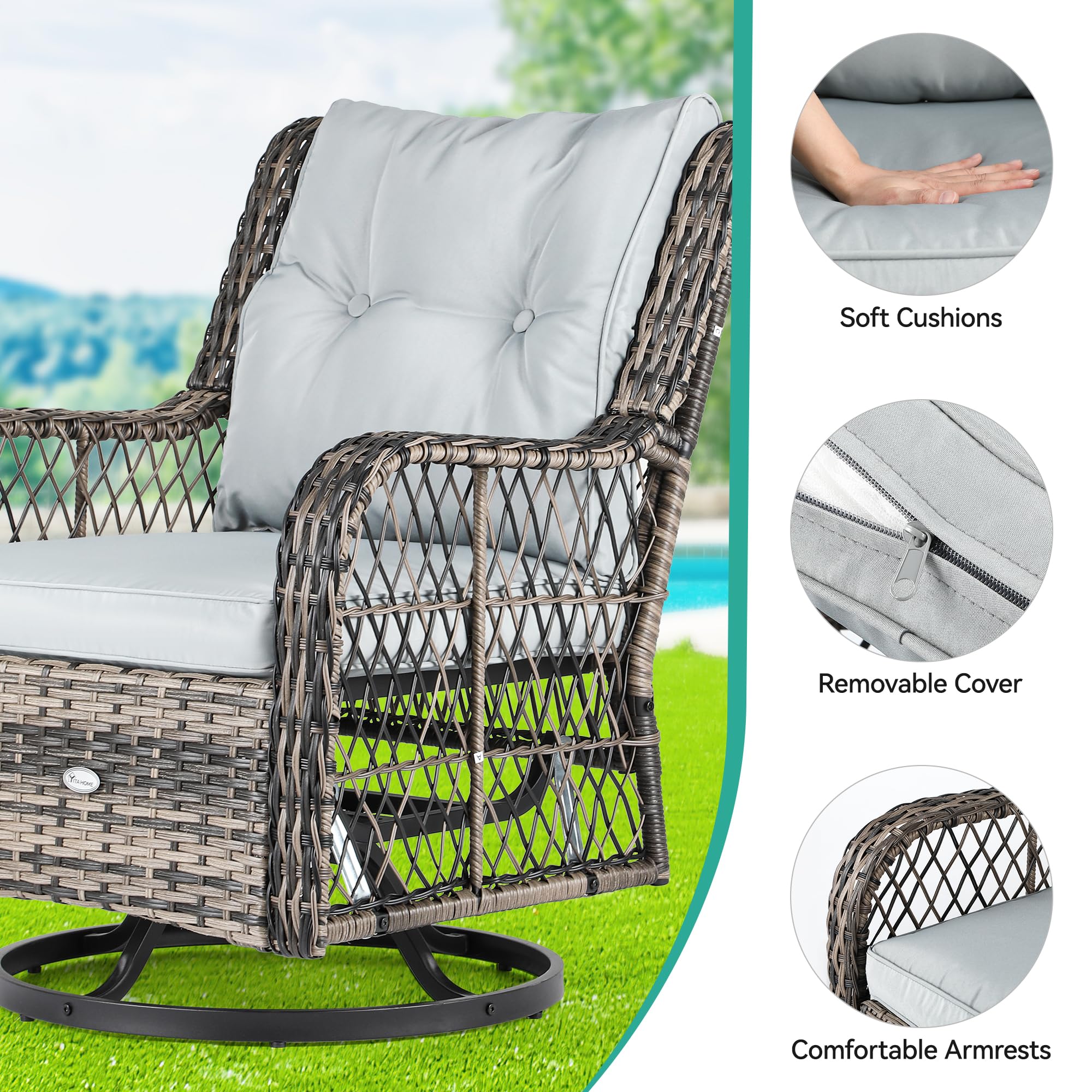 YITAHOME 3-Piece Patio Outdoor Swivel Glider Rocker Wicker Bistro Rocking Furniture Conversation Chairs for Garden, Backyard and Balcony (Gray)