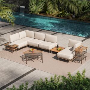 LAUSAINT HOME Outdoor Patio Furniture Set, 10-Piece Wicker Outdoor Conversation Set PE Rattan Sectional Sofa with Washable Cushions and Tempered Glass Table for Garden (Beige)