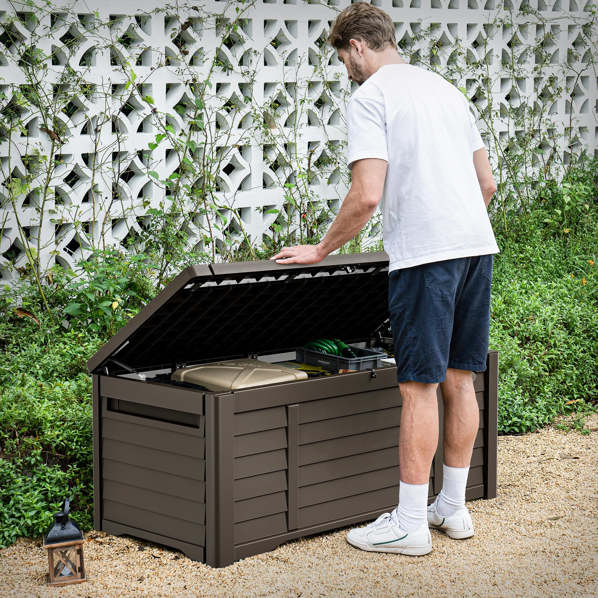 DWVO Large Deck Box 120 Gallon Waterproof Outdoor Storage Box, Extra Large Outdoor Storage Bin, Resin Louvered Patio Storage for Outdoor Pillows, Garden Tools & Pool Supplies, Lockable, Dark Brown