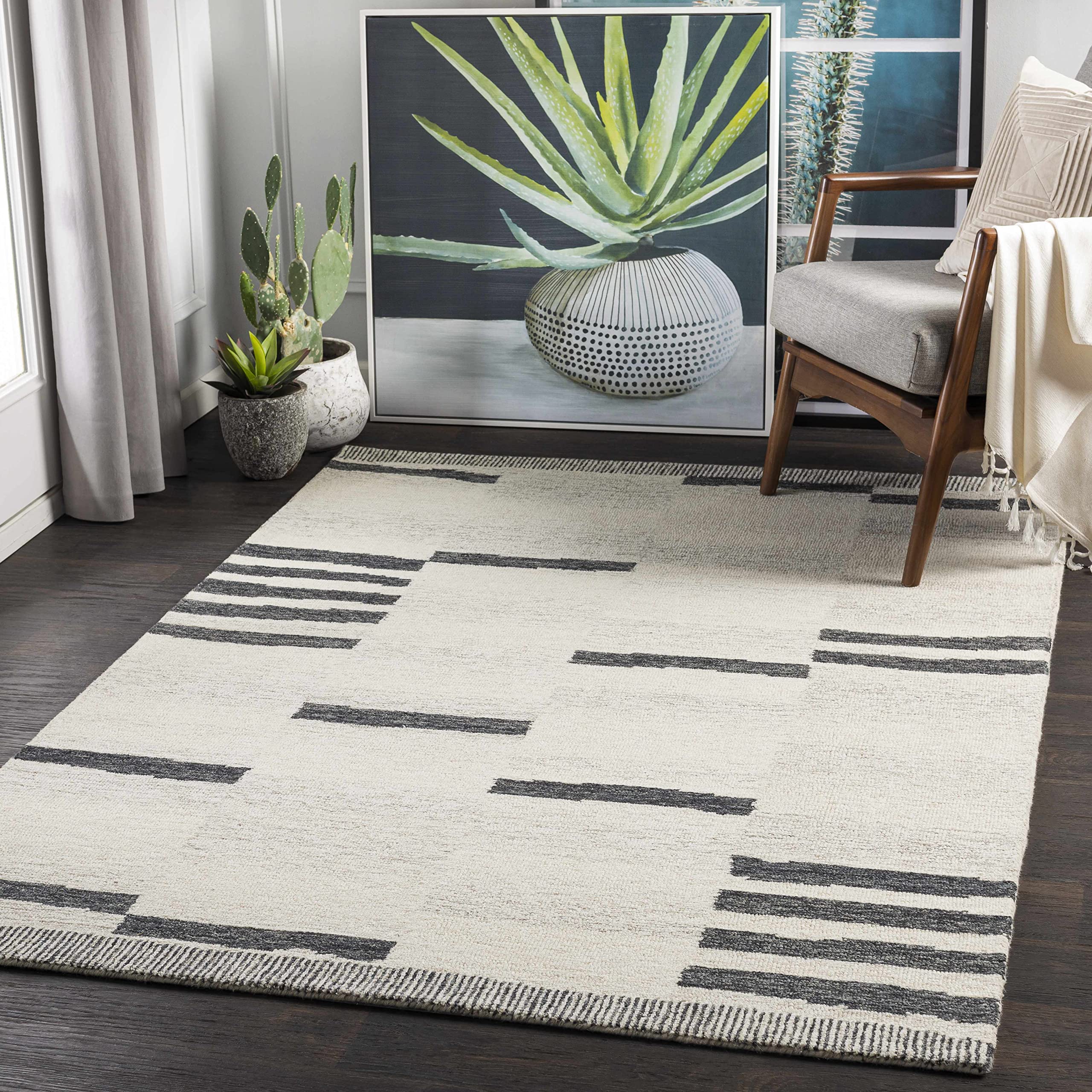 BoutiqueRugs Aibonito Hand Tufted Wool Natural Fiber Soft Large Area Rug - Modern Broken Stripe Carpet for Living Room, Bedroom, Dining Room - Black, Beige, Taupe - 8' x 10' (8x10 Area Rug)