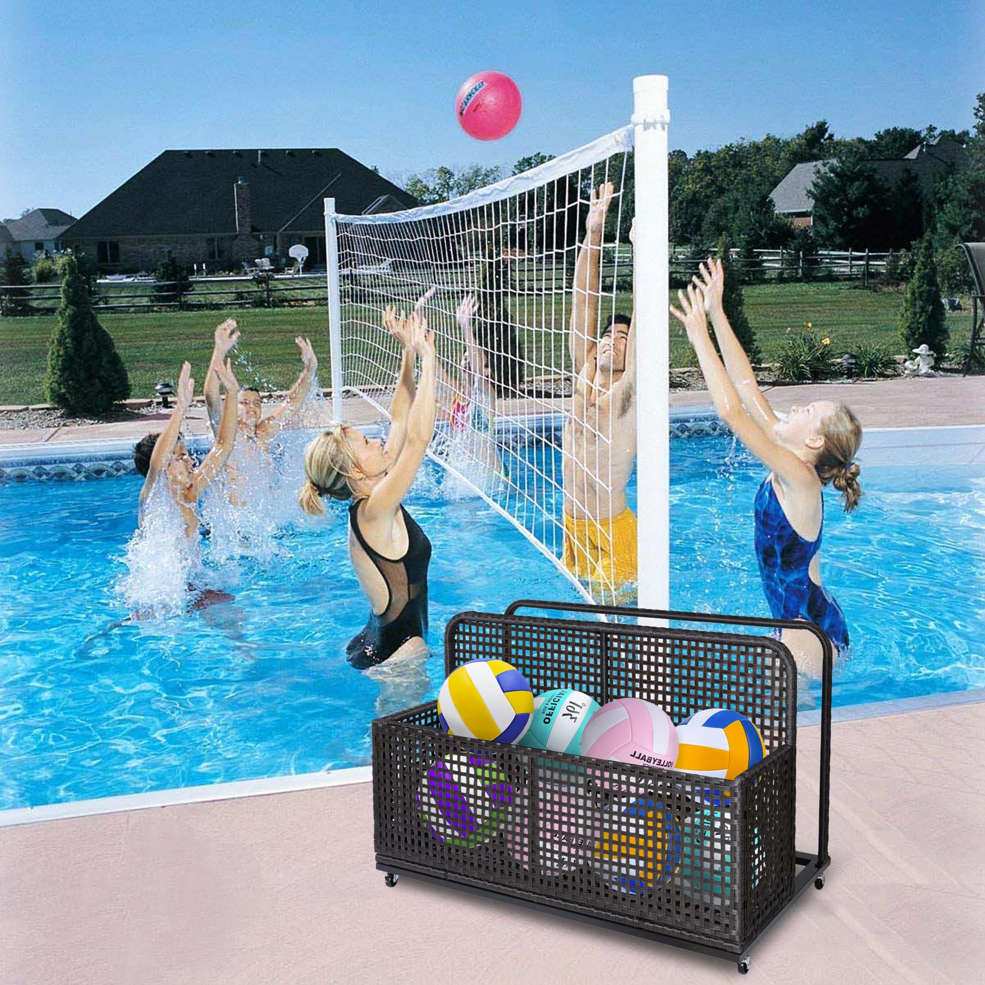 IDEALHOUSE Poolside Float Storage, Outdoor Storage, Patio Poolside Float Storage Basket, Storage Box, PE Rattan Outdoor Pool Caddy with Rolling Wheels for Floaties, Beach-Sturdy & Movable,Black-brown