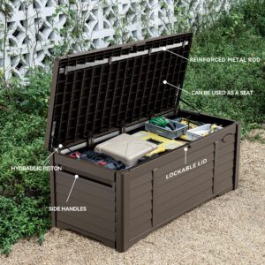 DWVO Large Deck Box 120 Gallon Waterproof Outdoor Storage Box, Extra Large Outdoor Storage Bin, Resin Louvered Patio Storage for Outdoor Pillows, Garden Tools & Pool Supplies, Lockable, Dark Brown