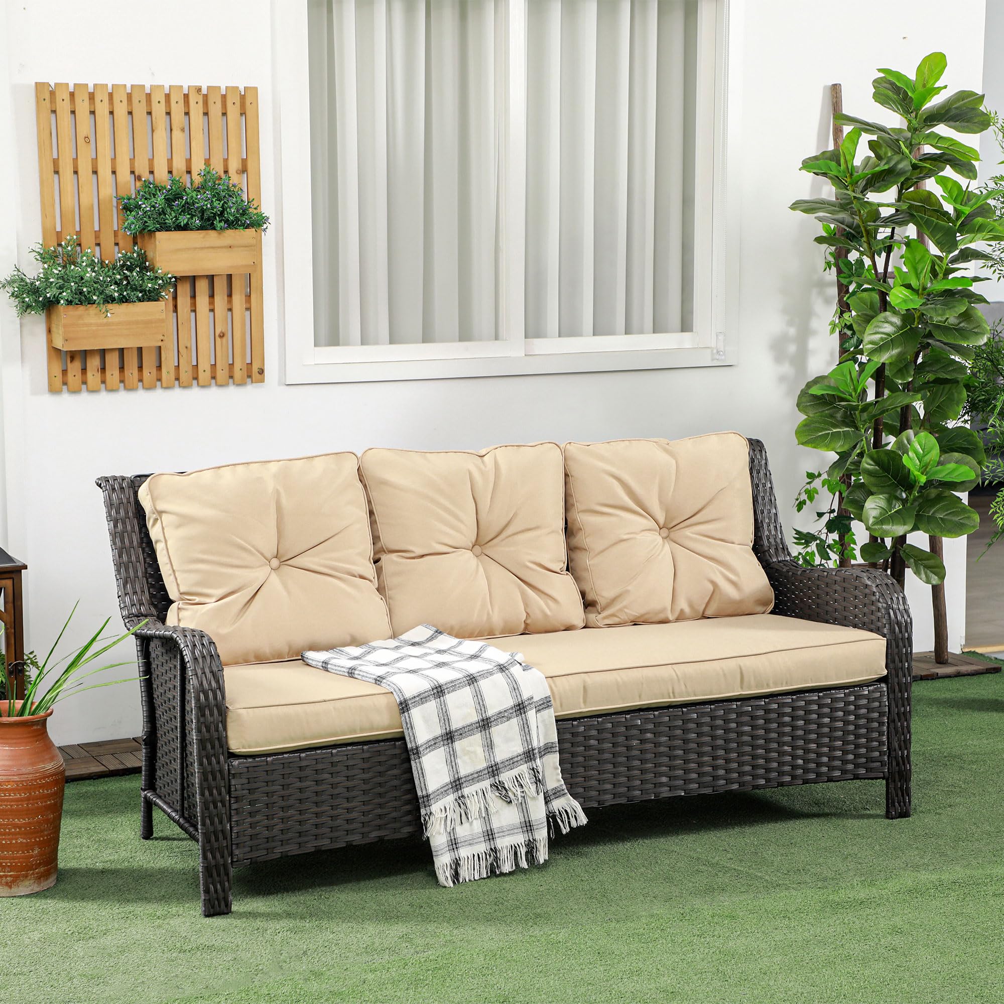 Outsunny 3-Seater Outdoor Sofa with 4" Thick Padded Cushions, PE Rattan Patio Outdoor Couch with Curved Armrests for Sunroom, Garden, Poolside, Beige