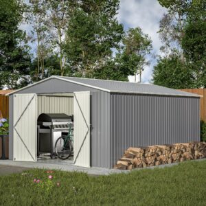 Thanaddo 11x13 FT Outdoor Storage Shed, Metal Steel Utility Tool Shed Storage House with Double Lockable Doors & Air Vent for Backyard Garden Patio Lawn Gray