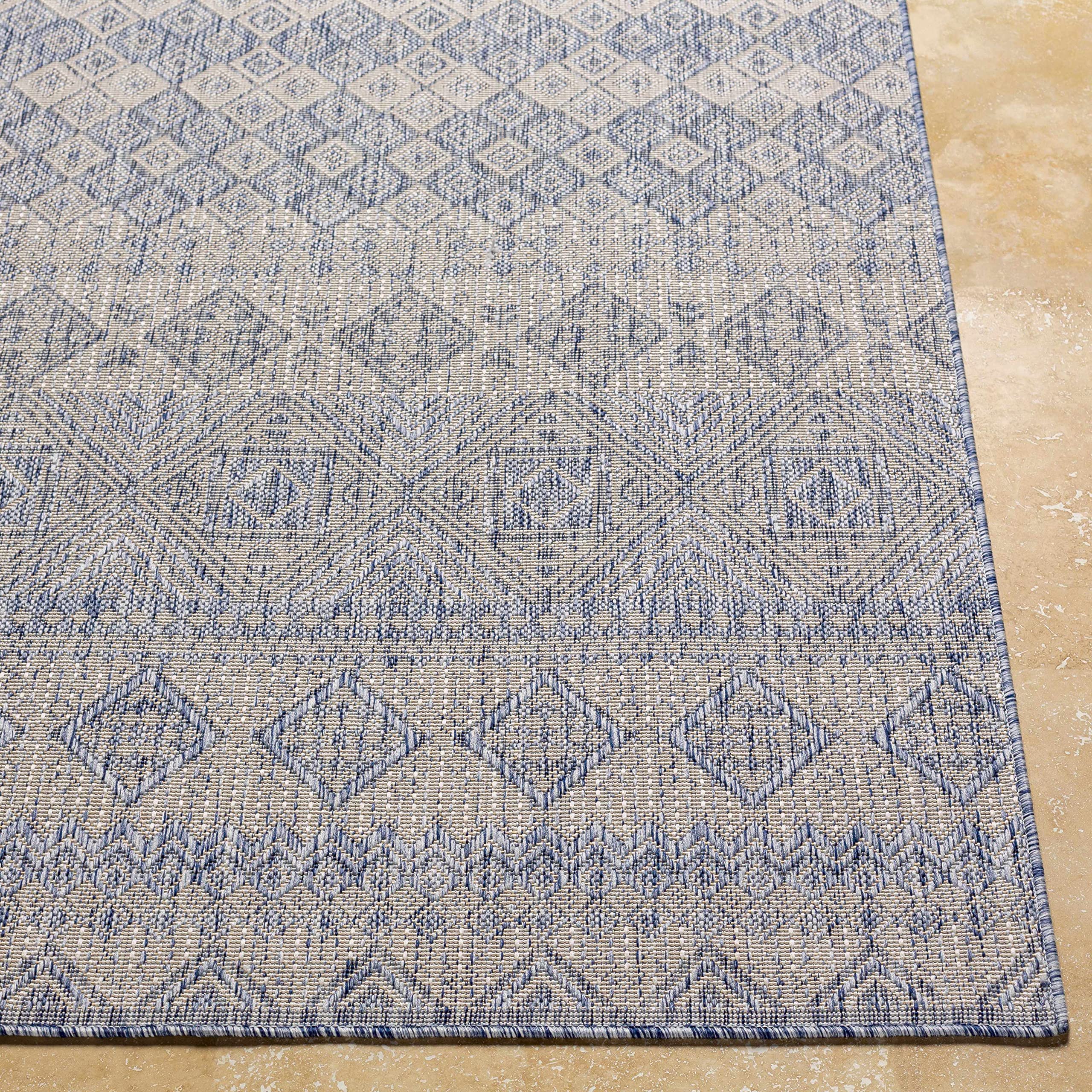 BoutiqueRugs Tominhao Bohemian, Transitional Area Rug - Outdoor Safe - Pale Blue, Tan, Navy - 7'10" x 10'