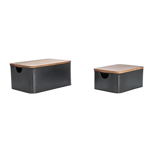 Bloomingville Metal Containers with Mango Wood Lids, Black and Walnut, Set of 2