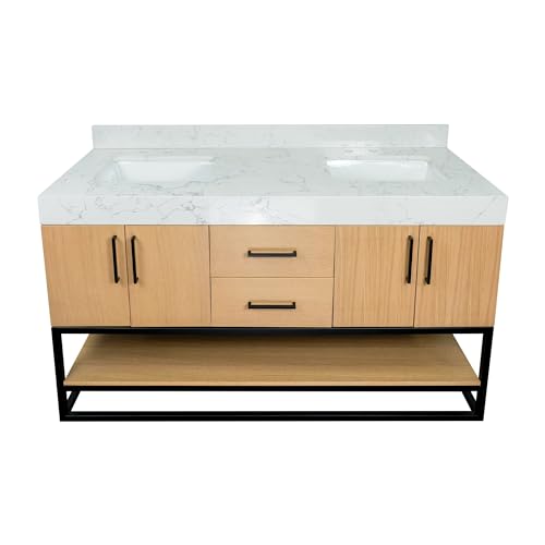 Kitchen Bath Collection Ellis 60-inch Double Bathroom Vanity (Engineered Marble/Blonde): Includes Blonde Cabinet with Engineered Marble Countertop and White Ceramic Sinks