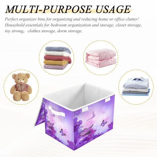 DIGTIA Storage Bins with Lids Butterfly Hydrangeas Purple Foldable Storage Boxes with Handles Spring Large Storage Basket Collapsible Organizer Containers for Closet Home Bedroom Office