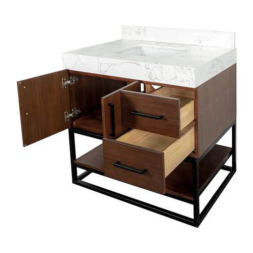 Kitchen Bath Collection Ellis 36-inch Bathroom Vanity (Engineered Marble/Walnut): Includes Walnut Cabinet with Engineered Marble Countertop and White Ceramic Sink