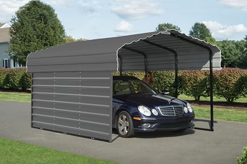 Arrow Carports Galvanized Steel Carport, with 1-Sided Enclosure, Compact Car Metal Carport Kit, 10' x 15' x 7', Charcoal