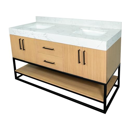 Kitchen Bath Collection Ellis 60-inch Double Bathroom Vanity (Engineered Marble/Blonde): Includes Blonde Cabinet with Engineered Marble Countertop and White Ceramic Sinks