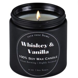 VeraRose Whiskey & Vanilla Scented Candle - Soy Wax, 60+ Hours, Masculine Home Fragrance, Black Jar, Non-Toxic, 12oz, Ideal for Relaxation & Aromatherapy