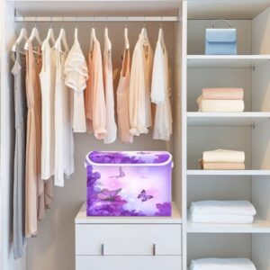 DIGTIA Storage Bins with Lids Butterfly Hydrangeas Purple Foldable Storage Boxes with Handles Spring Large Storage Basket Collapsible Organizer Containers for Closet Home Bedroom Office