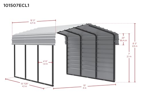 Arrow Carports Galvanized Steel Carport, with 1-Sided Enclosure, Compact Car Metal Carport Kit, 10' x 15' x 7', Charcoal