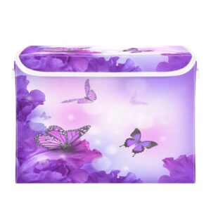 DIGTIA Storage Bins with Lids Butterfly Hydrangeas Purple Foldable Storage Boxes with Handles Spring Large Storage Basket Collapsible Organizer Containers for Closet Home Bedroom Office