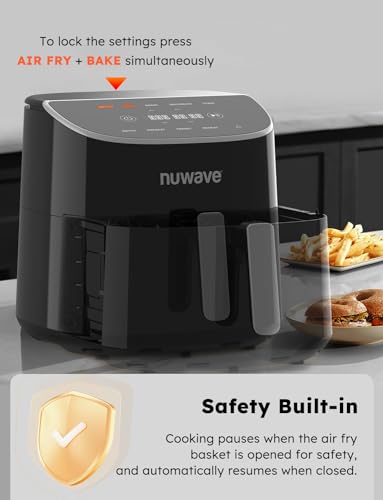 Nuwave Brio Plus 8 Qt Air Fryer, PFAS Free, New & Improved, Digital Touch Screen, Cool White Display, 50°F~400°F in Precise 5°, 5 Cook Functions, 100 Presets & 50 Memory, 3 Wattages 700, 1500, 1800