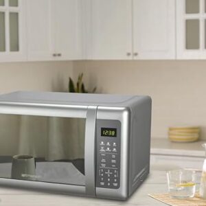 Emerson MW7601SL Compact Countertop Microwave Oven with Sleek Mirrored Finish Door 10 Power Levels, 6 Auto Menus, Glass Turntable and Child Safe Lock, 0.7 Cu. Ft, Silver