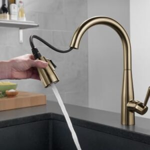 DELTA FAUCET Essa Kitchen Faucet with Pull Down Sprayer, Kitchen Sink Faucet Gold, Magnetic Docking Spray Head, Delta Kitchen Faucet Pull Down, Champagne Bronze 9113-CZ-DST