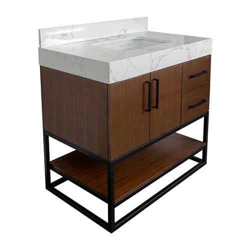 Kitchen Bath Collection Ellis 36-inch Bathroom Vanity (Engineered Marble/Walnut): Includes Walnut Cabinet with Engineered Marble Countertop and White Ceramic Sink