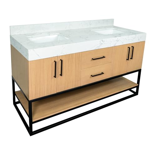 Kitchen Bath Collection Ellis 60-inch Double Bathroom Vanity (Engineered Marble/Blonde): Includes Blonde Cabinet with Engineered Marble Countertop and White Ceramic Sinks