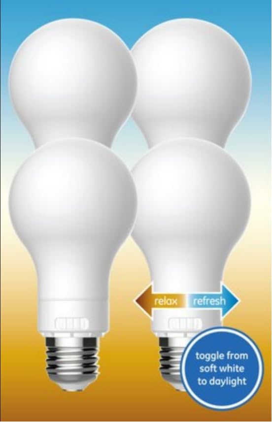 GE Lighting (4 Bulbs) GE Relax/Refresh LED A19 Color Select Light Bulb, Choose Either Soft White Relax or Cool White Refresh, Toggle Switch on Bulb, HD Light, 450 lumens, dimmable, Medium Base