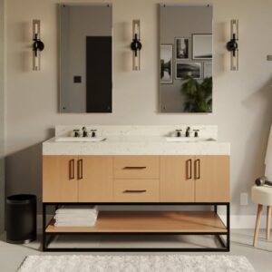 kitchen bath collection ellis 60-inch double bathroom vanity (engineered marble/blonde): includes blonde cabinet with engineered marble countertop and white ceramic sinks