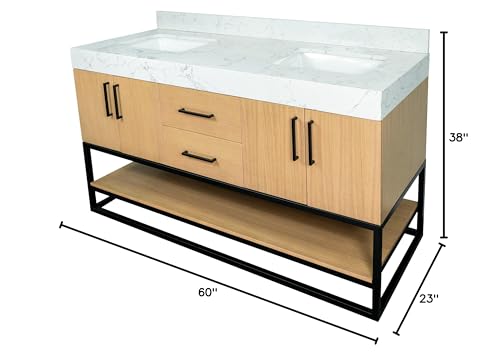 Kitchen Bath Collection Ellis 60-inch Double Bathroom Vanity (Engineered Marble/Blonde): Includes Blonde Cabinet with Engineered Marble Countertop and White Ceramic Sinks