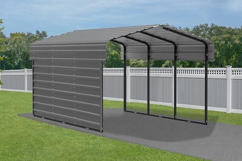 Arrow Carports Galvanized Steel Carport, with 1-Sided Enclosure, Compact Car Metal Carport Kit, 10' x 15' x 7', Charcoal