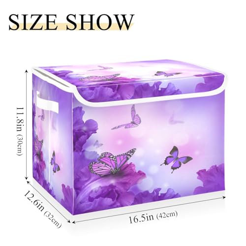 DIGTIA Storage Bins with Lids Butterfly Hydrangeas Purple Foldable Storage Boxes with Handles Spring Large Storage Basket Collapsible Organizer Containers for Closet Home Bedroom Office