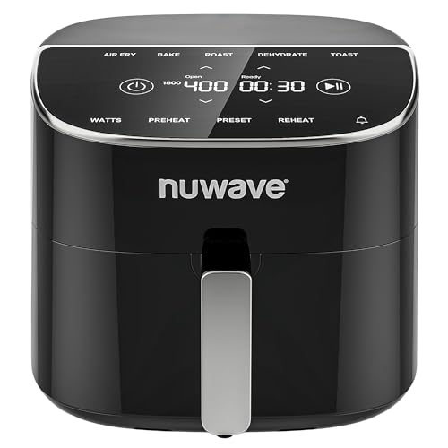 Nuwave Brio Plus 8 Qt Air Fryer, PFAS Free, New & Improved, Digital Touch Screen, Cool White Display, 50°F~400°F in Precise 5°, 5 Cook Functions, 100 Presets & 50 Memory, 3 Wattages 700, 1500, 1800