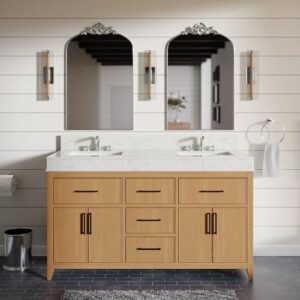 kitchen bath collection kensington 60-inch double bathroom vanity (engineered marble/blonde): includes blonde cabinet with engineered marble countertop and white ceramic sinks