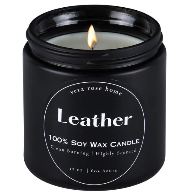 Scented Candles for Men | Leather Scented Candles | Soy Candles for Home Scented | Candle Gift for Men | Vanilla Candle in Black Jar Candle | Mens Scented Candles for Home Non Toxic 12oz 60+ Hours