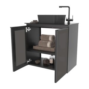 COZIMAX Umbu Combo Black Steel Bathroom Vanity Set 24" with Tempered Glass Countertop and Door, Black Square Ceramic Sink