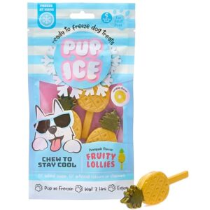 pup ice- ready to freeze at home dog treats-edible chews for small breed dogs & puppies with real chicken to keep your pup cool year round, fruity lollies pineapple flavor, 3pcs