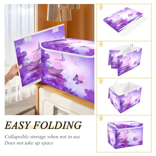 DIGTIA Storage Bins with Lids Butterfly Hydrangeas Purple Foldable Storage Boxes with Handles Spring Large Storage Basket Collapsible Organizer Containers for Closet Home Bedroom Office